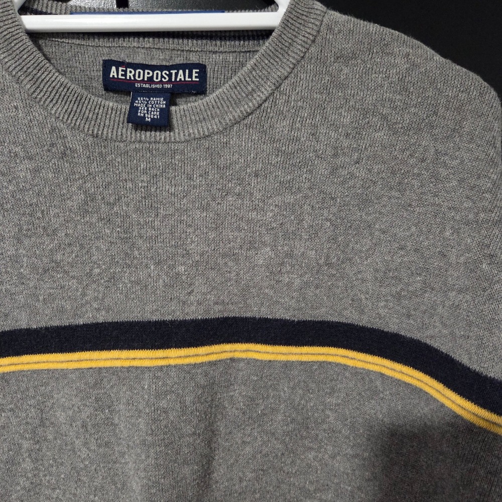 Aeropostale‎ Mens Gray Striped Crew Neck Long Sleeve Sweater Size Medium